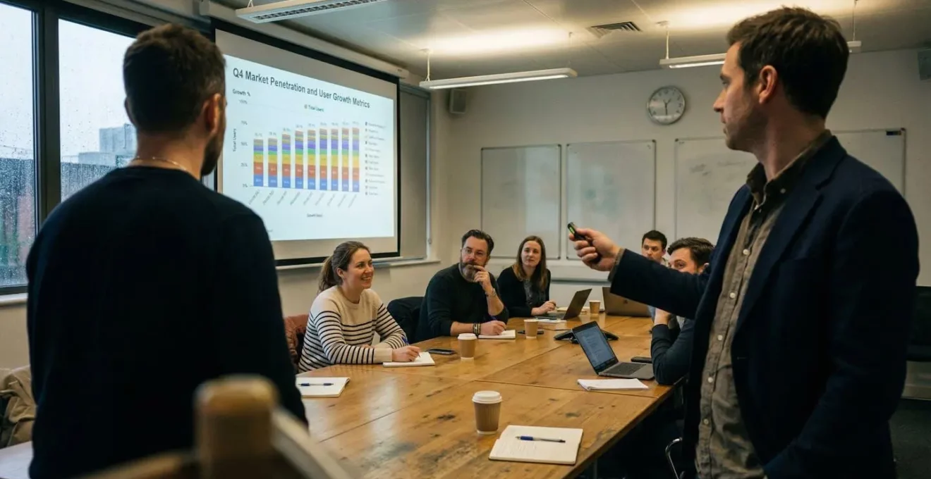 Une personne debout présente des graphiques projetés à un groupe assis autour d'une table de réunion, environnement de salle de formation