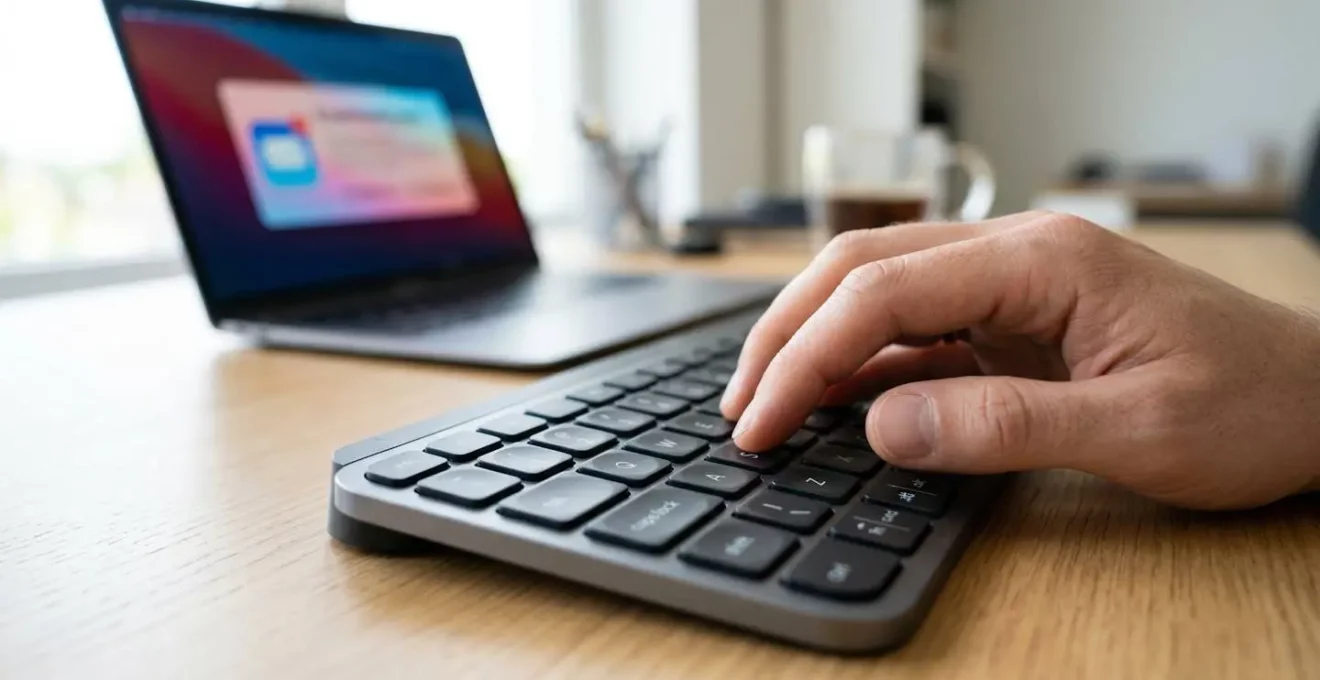 Gros plan sur une main tapant sur un clavier d'ordinateur moderne avec une notification email visible sur l'écran complètement flouté