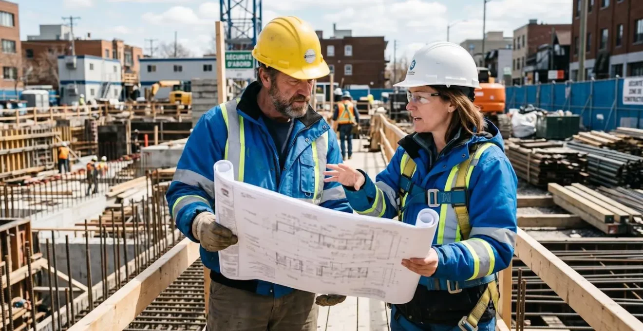 Un ingénieur et un entrepreneur en tenue de chantier examinent ensemble des plans techniques sur un chantier de construction, casques de sécurité jaunes visibles