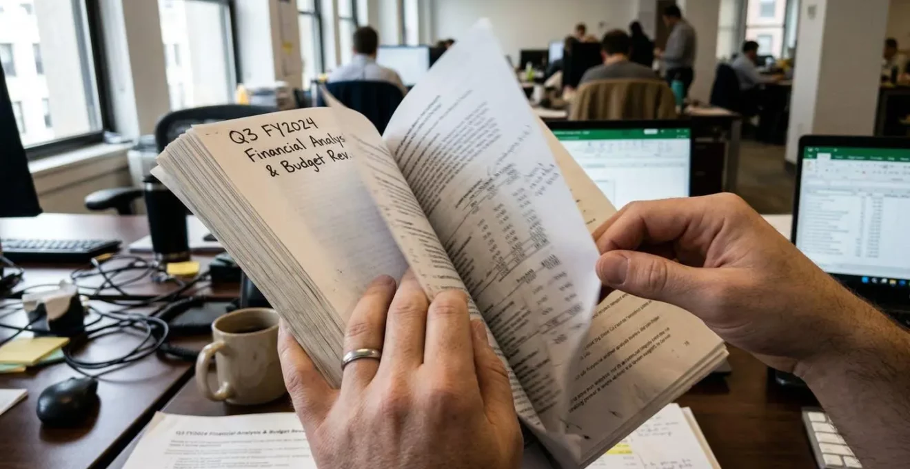 Gros plan sur des mains qui tournent les pages d'un épais dossier contenant des tableaux chiffrés, arrière-plan de bureau flouté