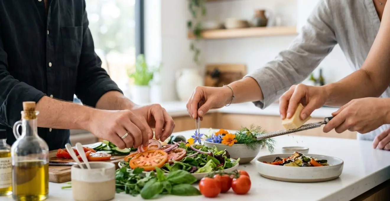 Gros plan sur plusieurs mains collaborant à la préparation culinaire sur un plan de travail contemporain, une main coupe des légumes tandis qu'une autre assaisonne et une troisième dispose sur l'assiette