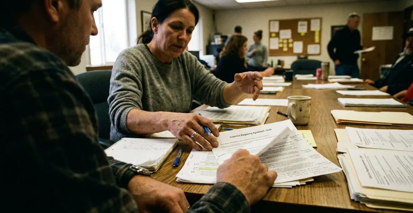 Des élus du personnel consultent des documents autour d'une table de réunion dans une salle d'entreprise aux murs blancs, lumière de bureau