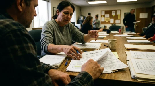 Des élus du personnel consultent des documents autour d'une table de réunion dans une salle d'entreprise aux murs blancs, lumière de bureau