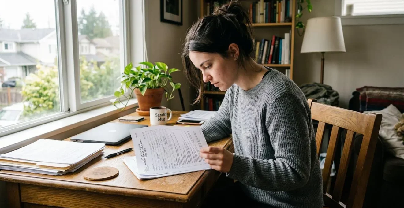 Une personne assise à un bureau lit attentivement un document officiel, expression concentrée, lumière naturelle de fenêtre
