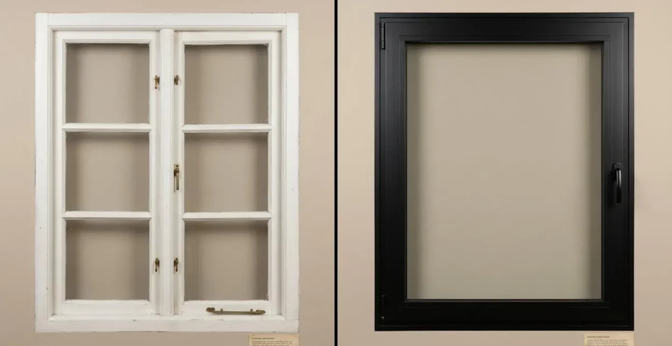 Comparaison entre fenêtre en bois blanc divisée style cottage et fenêtre aluminium noir style contemporain.