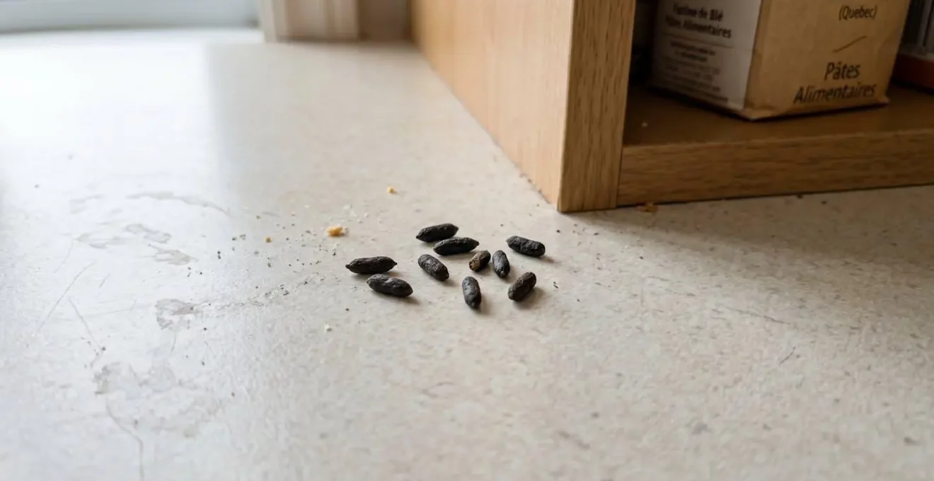 Gros plan d'excréments de souris de petite taille et de forme allongée sombre sur une surface de comptoir de cuisine claire