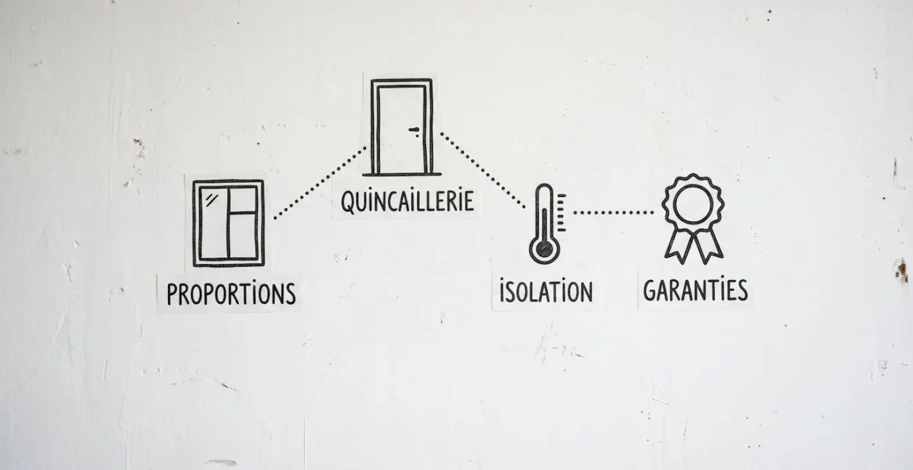 Infographie illustrant les critères techniques pour des ferrures harmonieuses : proportions, quincaillerie, isolation, garanties.