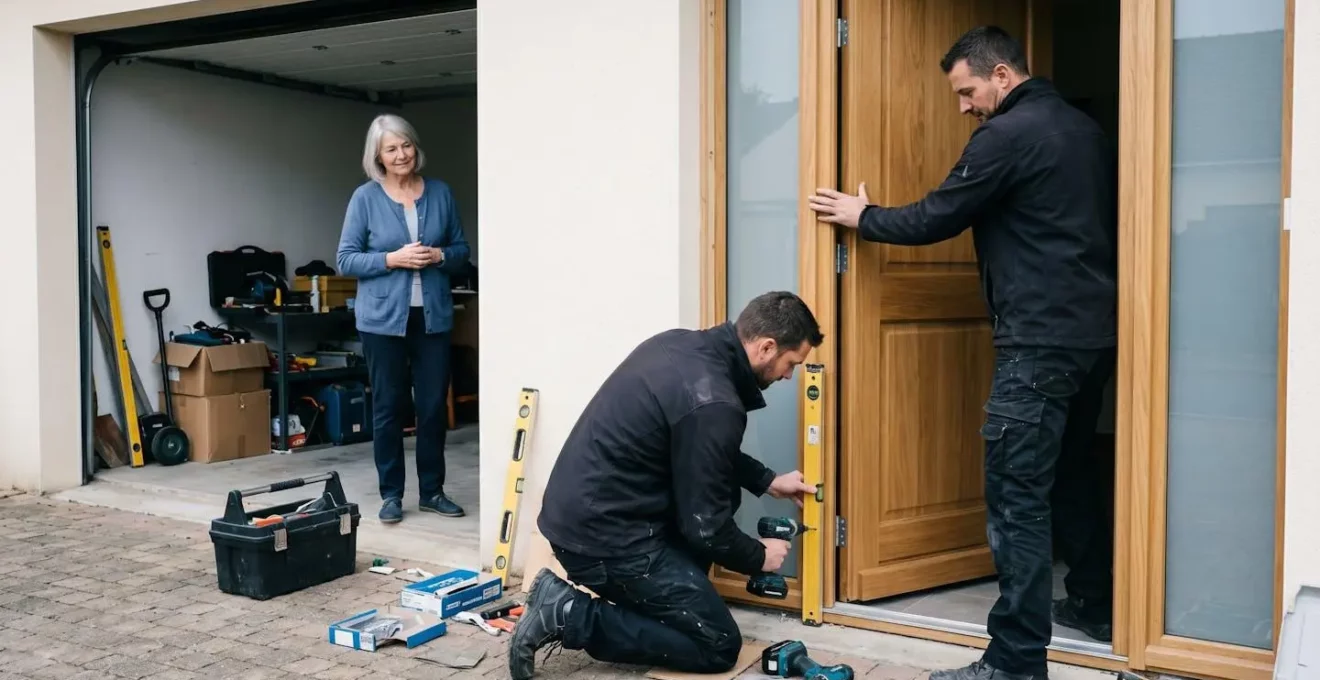 Deux installateurs professionnels posant une porte d'entrée en bois devant un client satisfait, service sur la Rive-Sud.