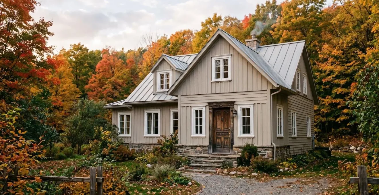 Maison de style cottage avec fenêtres en bois blanc divisées et porte d'entrée sculptée, harmonie architecturale en automne.