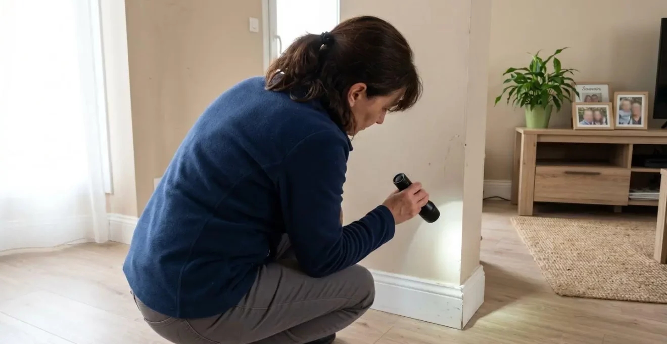 Propriétaire inspectant le bas d'un mur résidentiel avec une lampe de poche à la recherche de signes d'infestation de nuisibles