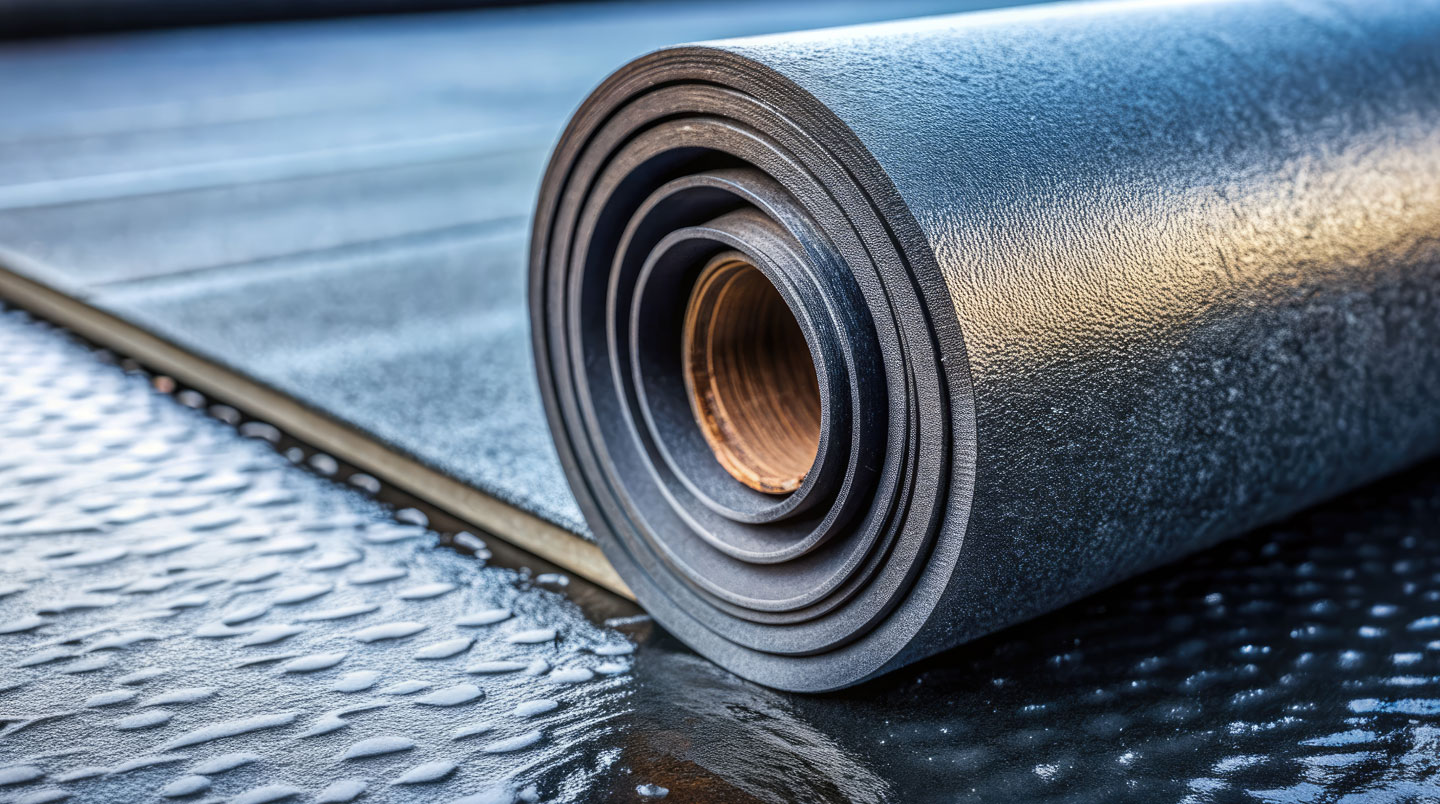 Coupe technique montrant les couches d'une toiture en membrane élastomère.