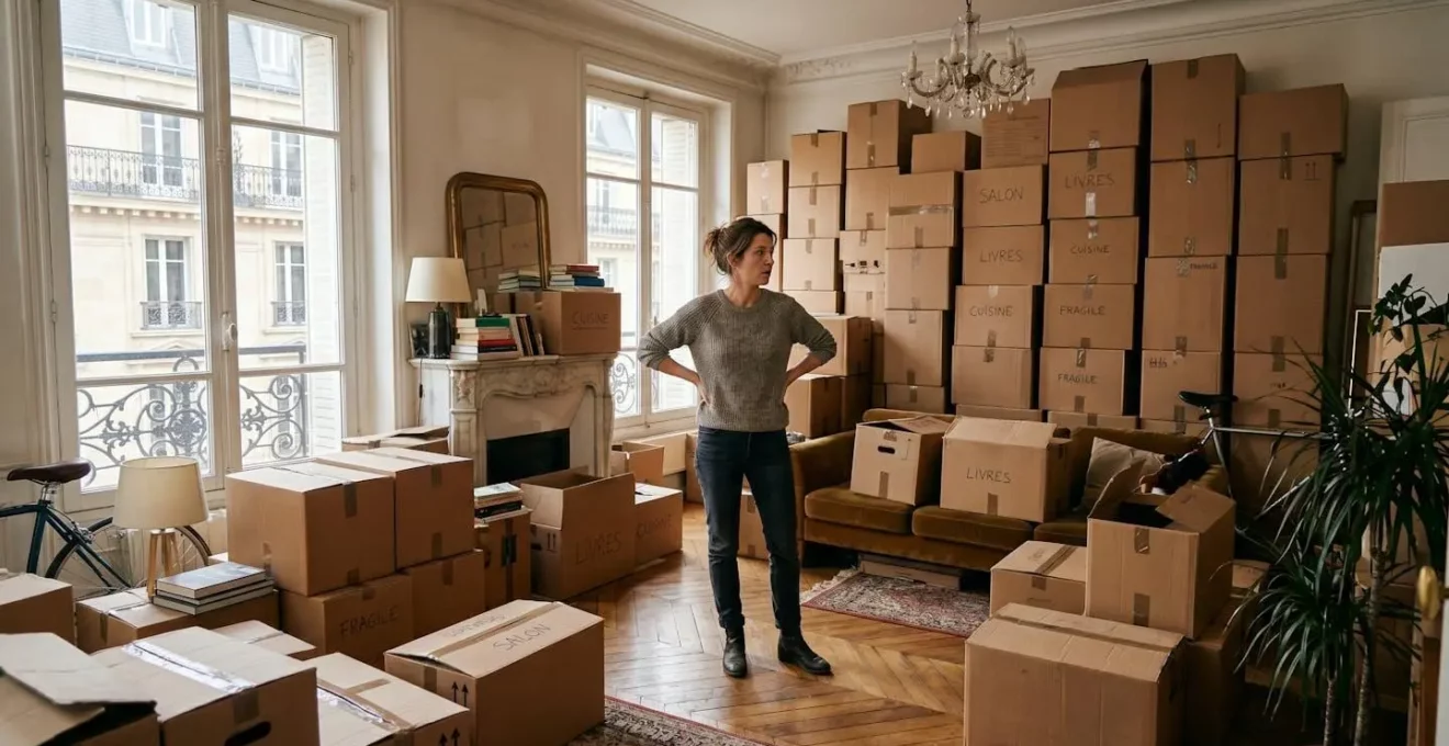 Salon d'appartement parisien encombré de cartons de déménagement empilés, propriétaire debout regardant l'espace saturé