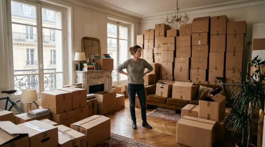 Salon d'appartement parisien encombré de cartons de déménagement empilés, propriétaire debout regardant l'espace saturé