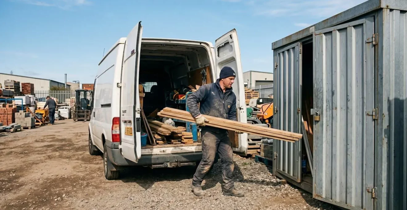 Artisan en tenue de travail déchargeant du matériel de construction depuis une camionnette vers un box de stockage extérieur