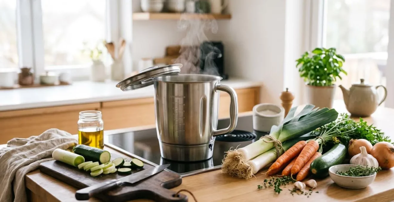 Bol en inox d'un blender chauffant avec de la vapeur s'échappant, entouré de légumes frais sur un plan de travail de cuisine moderne