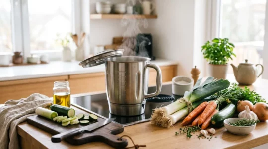 Bol en inox d'un blender chauffant avec de la vapeur s'échappant, entouré de légumes frais sur un plan de travail de cuisine moderne