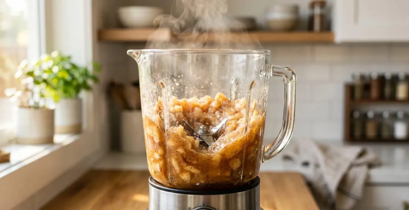 Bol de blender chauffant contenant une compote de pommes en cours de mixage, avec des morceaux de pomme et de la cannelle visibles