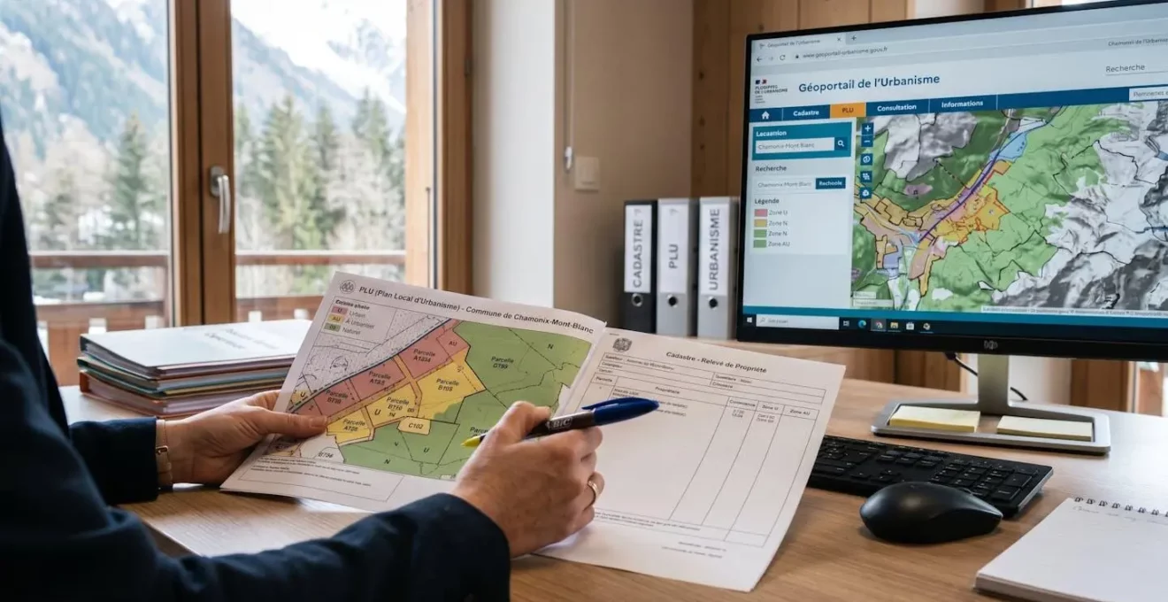 Bureau professionnel immobilier montagne avec documents cadastraux, extraits PLU et écran géoportail urbanisme, étape d'analyse réglementaire pour évaluation chalet