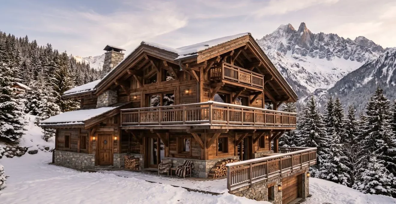 Chalet savoyard traditionnel en bois et pierre dans station de ski des Alpes françaises, architecture montagne haut de gamme avec balcons, sommets enneigés en arrière-plan