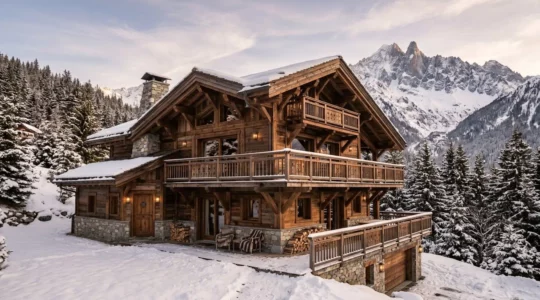Chalet savoyard traditionnel en bois et pierre dans station de ski des Alpes françaises, architecture montagne haut de gamme avec balcons, sommets enneigés en arrière-plan