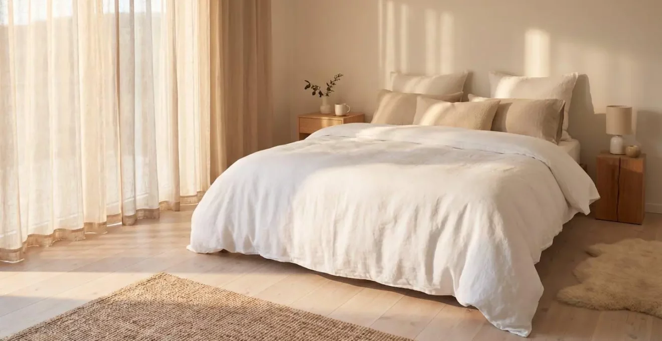Chambre lumineuse avec une couette blanche moelleuse posée sur un lit double, lumière naturelle du matin