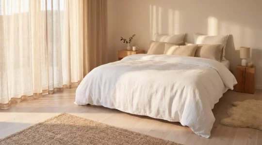 Chambre lumineuse avec une couette blanche moelleuse posée sur un lit double, lumière naturelle du matin