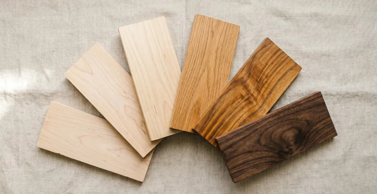 Cinq échantillons de bois brut disposés en éventail sur tissu lin naturel, présentant différentes essences du clair au foncé avec grains visibles