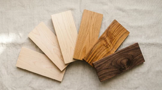 Cinq échantillons de bois brut disposés en éventail sur tissu lin naturel, présentant différentes essences du clair au foncé avec grains visibles