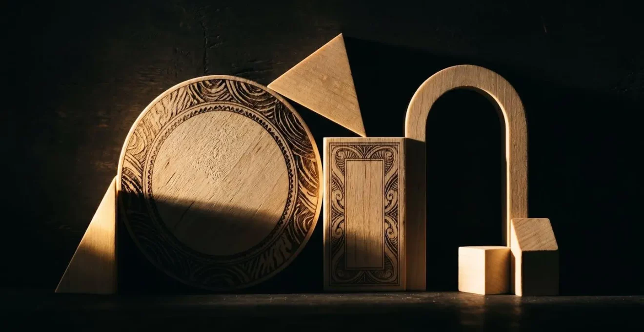 Composition abstraite de formes géométriques en bois clair sur fond sombre, éclairées par lumière latérale créant fort contraste ombre et lumière