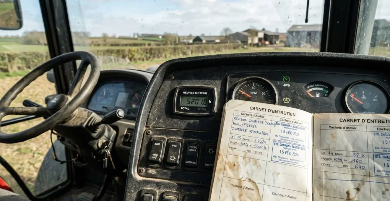 Compteur horaire d'un tracteur agricole affichant 5200 heures avec carnet d'entretien ouvert à côté