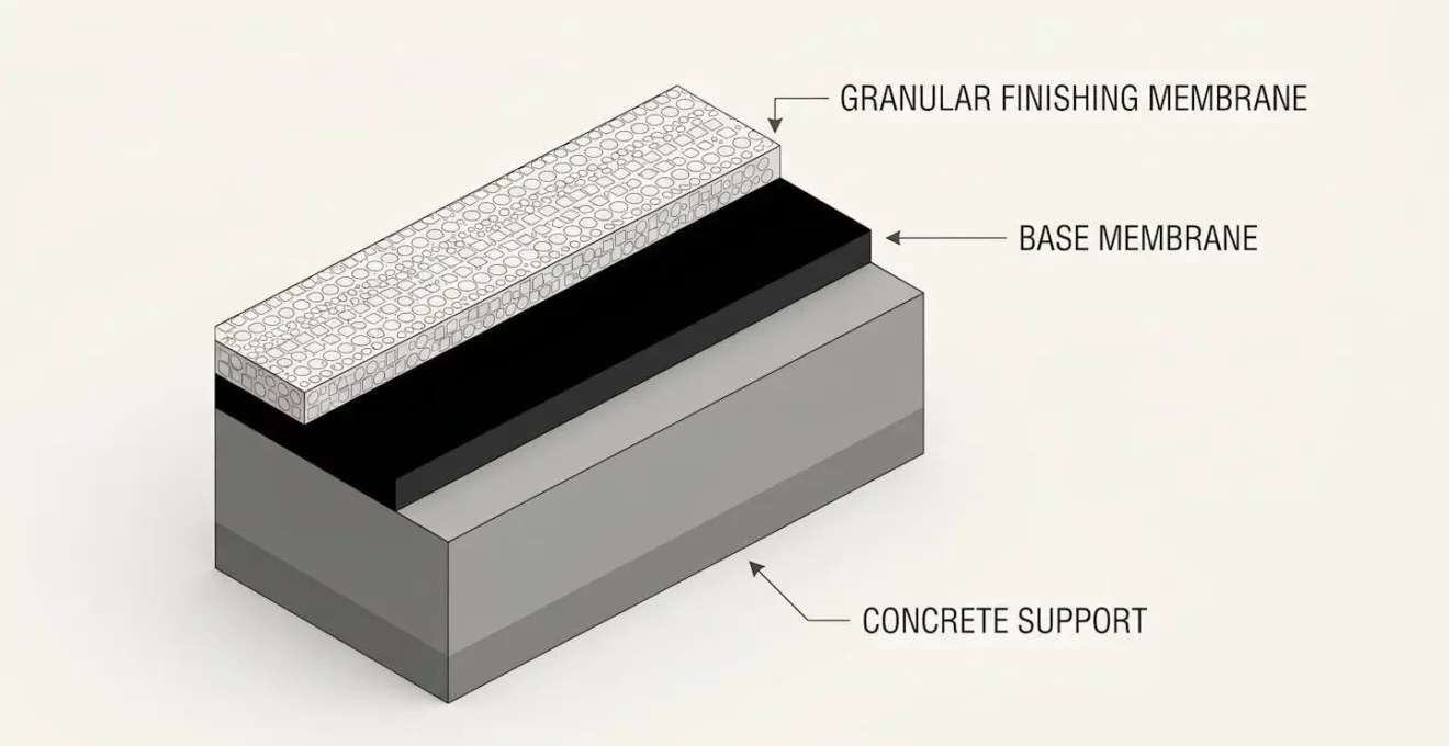 Coupe technique montrant les couches d'une toiture en membrane élastomère.