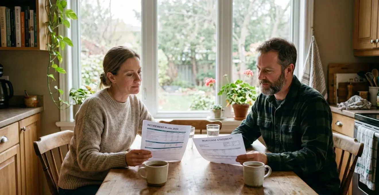 Couple québécois en train de comparer deux contrats d'assurance sur une table de cuisine lumineuse