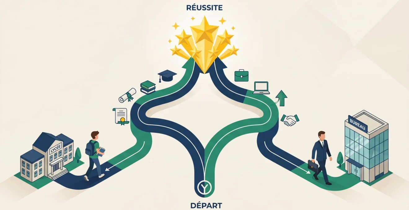 Deux chemins divergents représentant la formation initiale et la formation continue, symbolisant le choix entre ces deux parcours