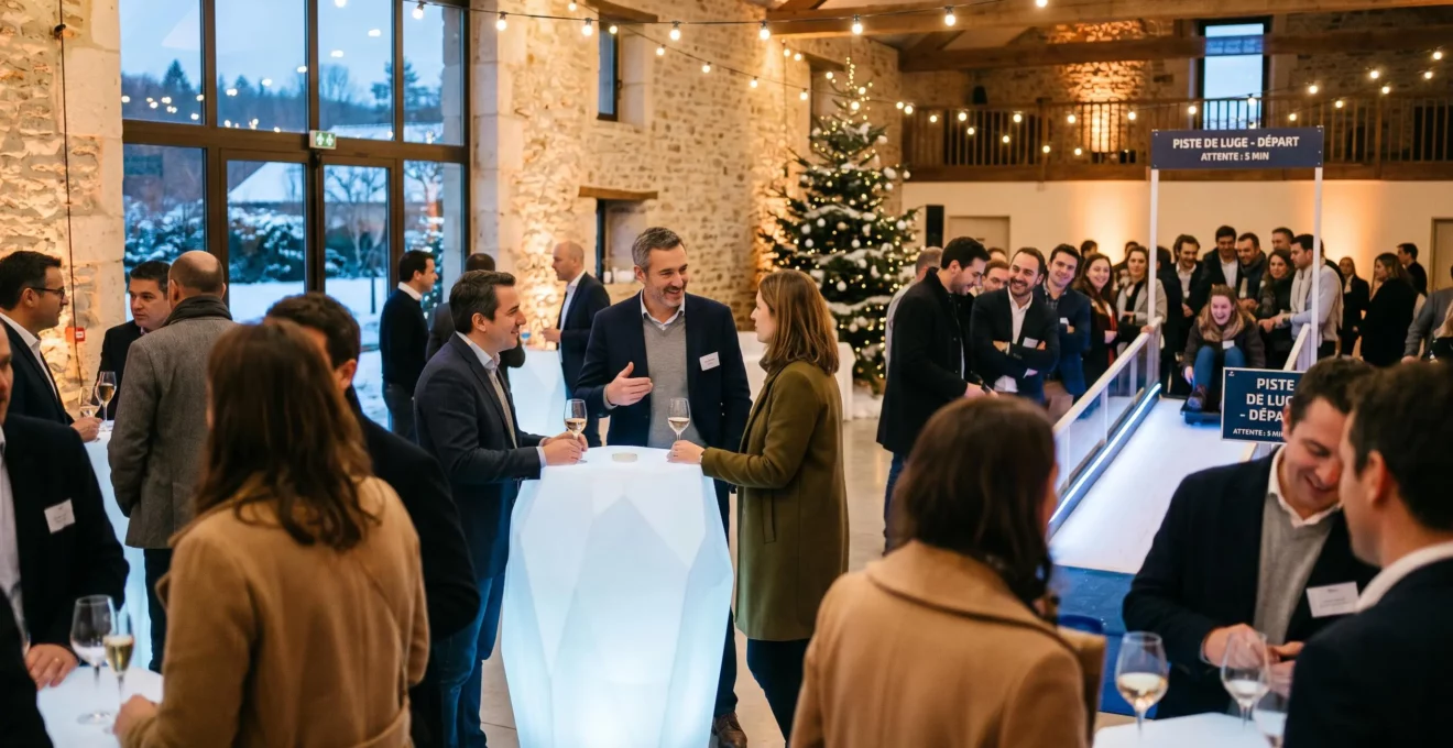 Événement corporate hivernal en cours avec iceberg en résine servant d'îlot conversation au premier plan, guirlandes lumineuses guinguette créant ambiance chaleureuse en second plan, et piste de luge synthétique avec participants enthousiastes en arrière-plan, illustrant les trois leviers immersifs simultanés
