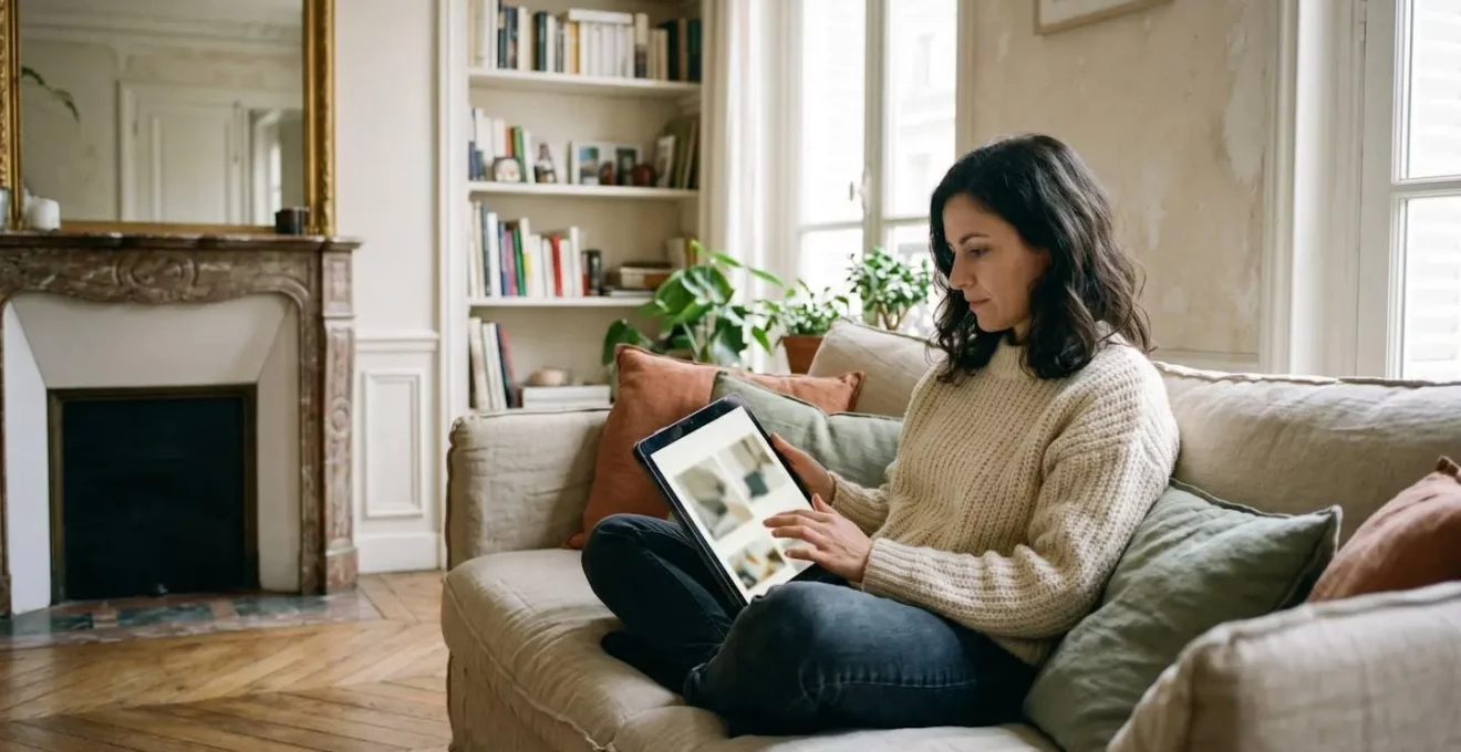 Femme d'une trentaine d'années assise dans un appartement lumineux, consultant une offre de box de stockage sur une tablette numérique