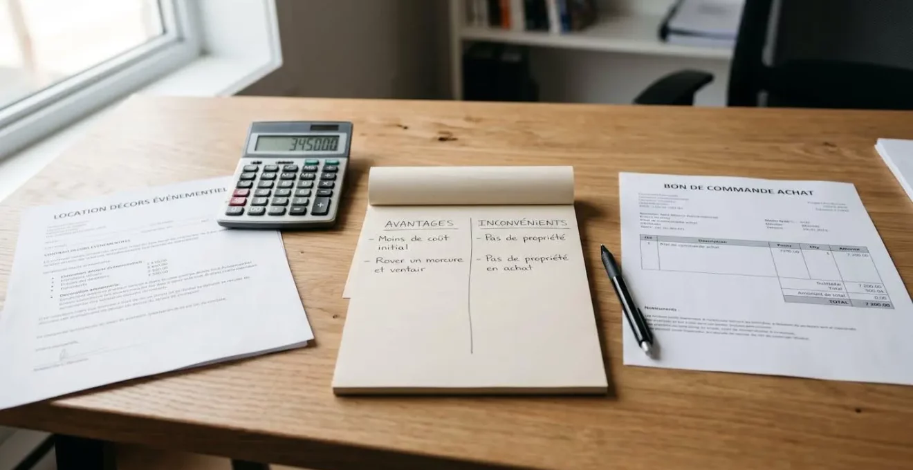Gros plan sur bureau avec contrat de location décors événementiels à gauche, bon de commande achat à droite, et bloc-notes central comparant avantages et inconvénients des deux options, illustrant la réflexion stratégique location versus achat