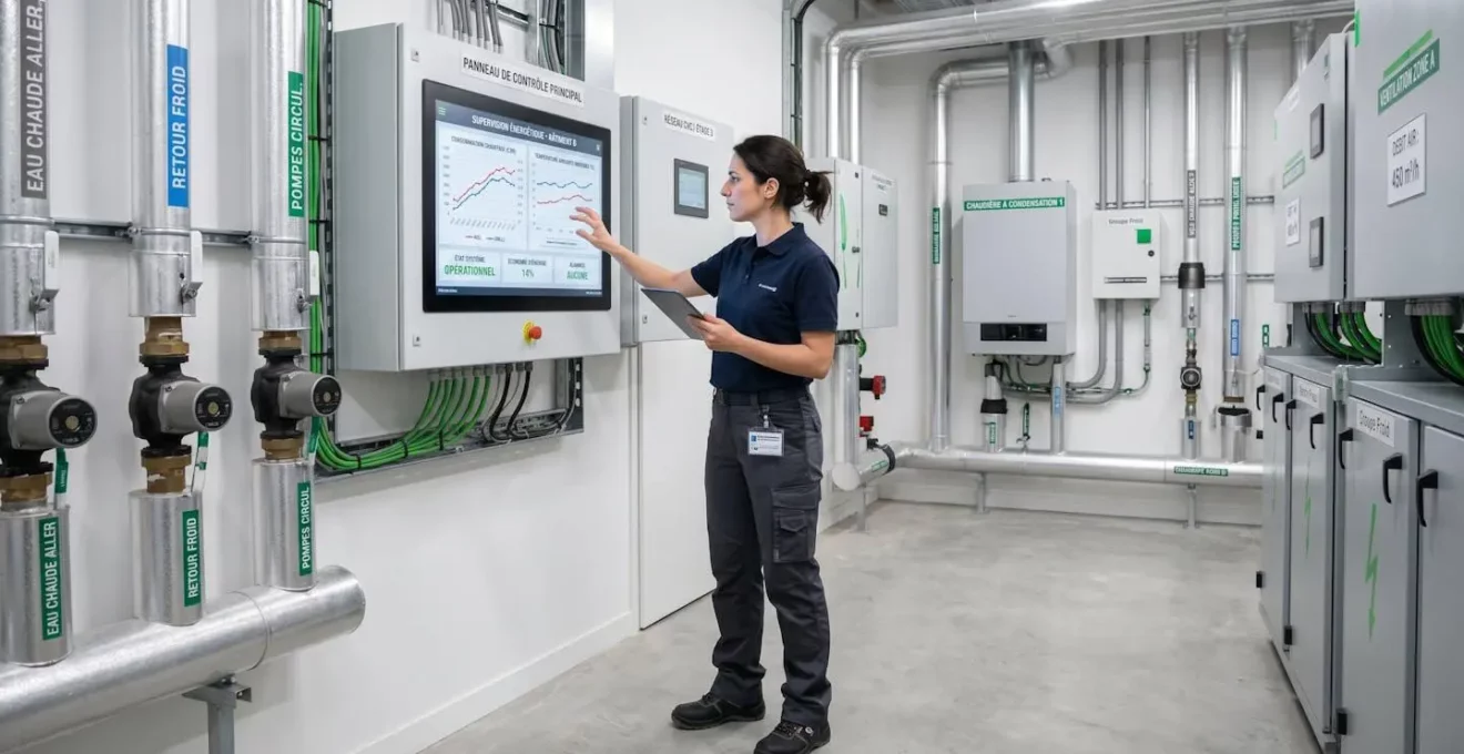 Ingénieur énergétique optimisant système de chaufferie industrielle moderne, écrans de monitoring affichant courbes de consommation en français, installation technique contemporaine propre et organisée