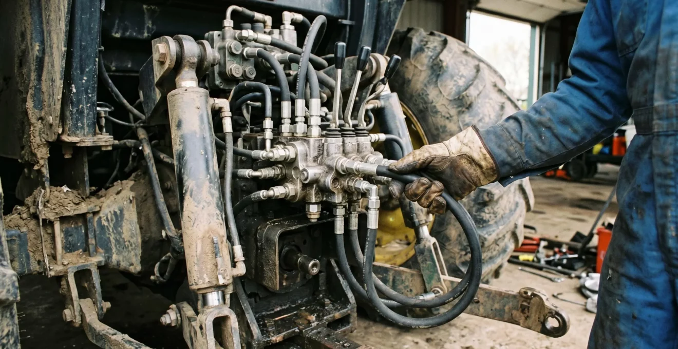 Inspection du système hydraulique d'un tracteur agricole par un technicien vérifiant les distributeurs et vérins de relevage