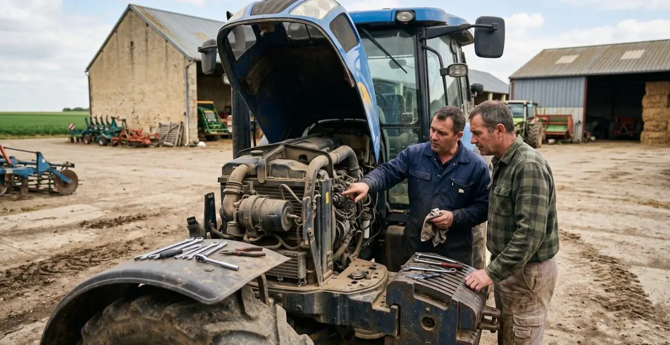 Inspection d'un tracteur agricole d'occasion par un exploitant et un vendeur, capot moteur ouvert dans une cour de ferme française