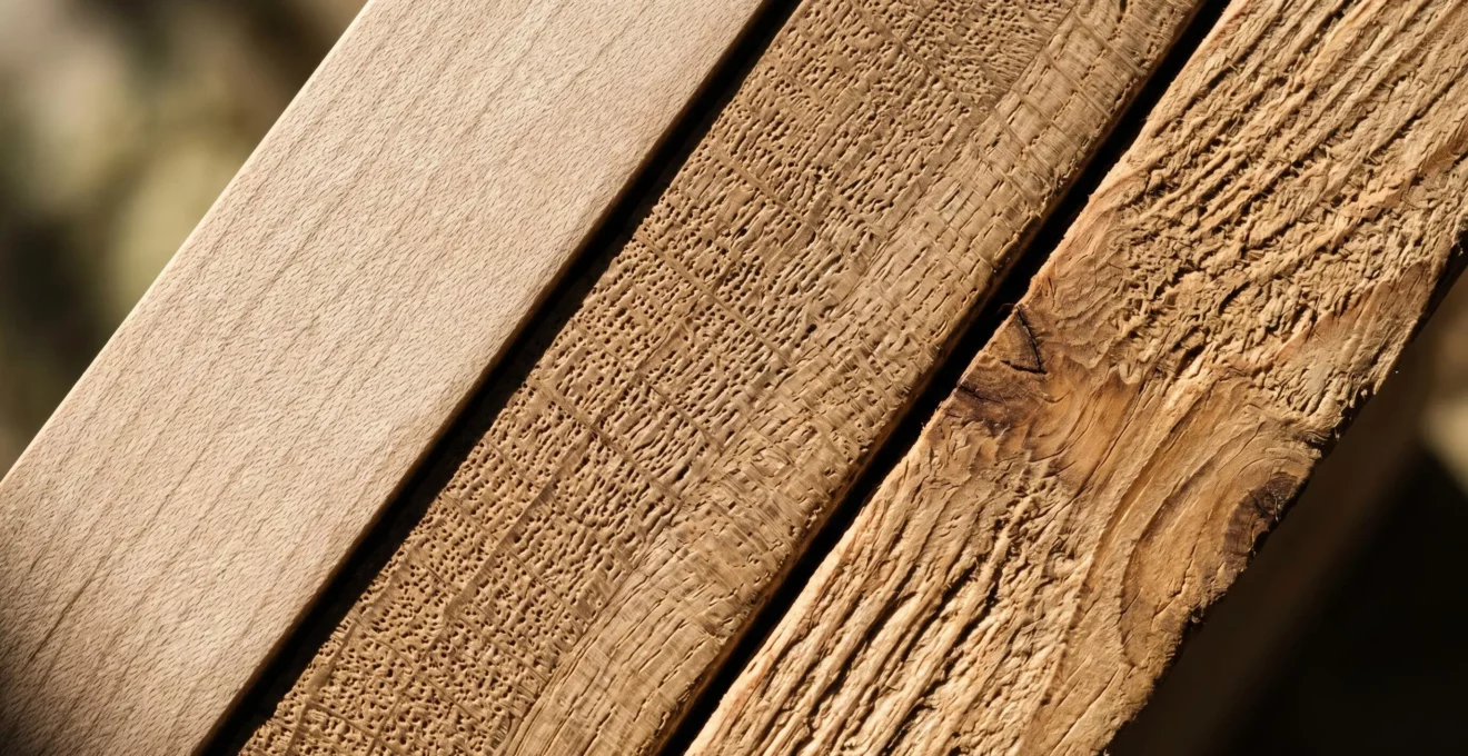 Macro photographie de trois sections de bois côte à côte montrant différentes textures de grain : fin, moyen et prononcé, éclairées en lumière rasante