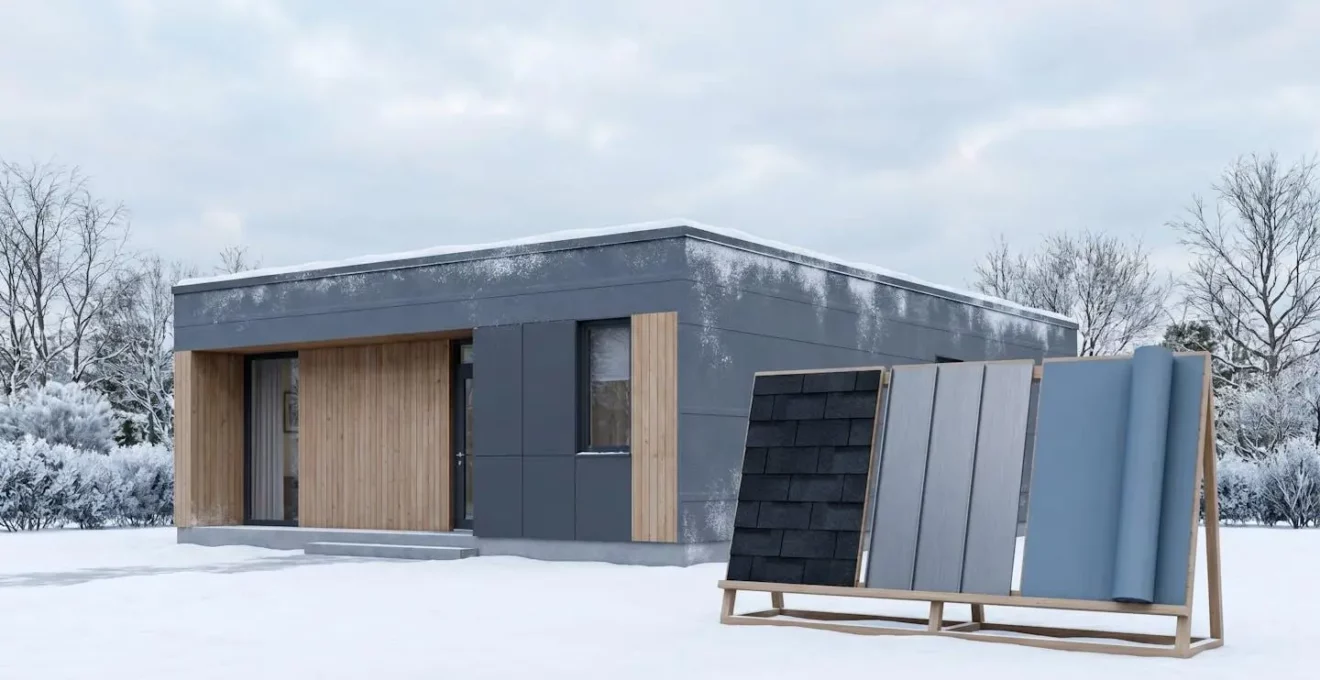 Maison contemporaine de banlieue avec différents échantillons de revêtements de toiture : membrane élastomère, bardeaux d'asphalte et tôle.