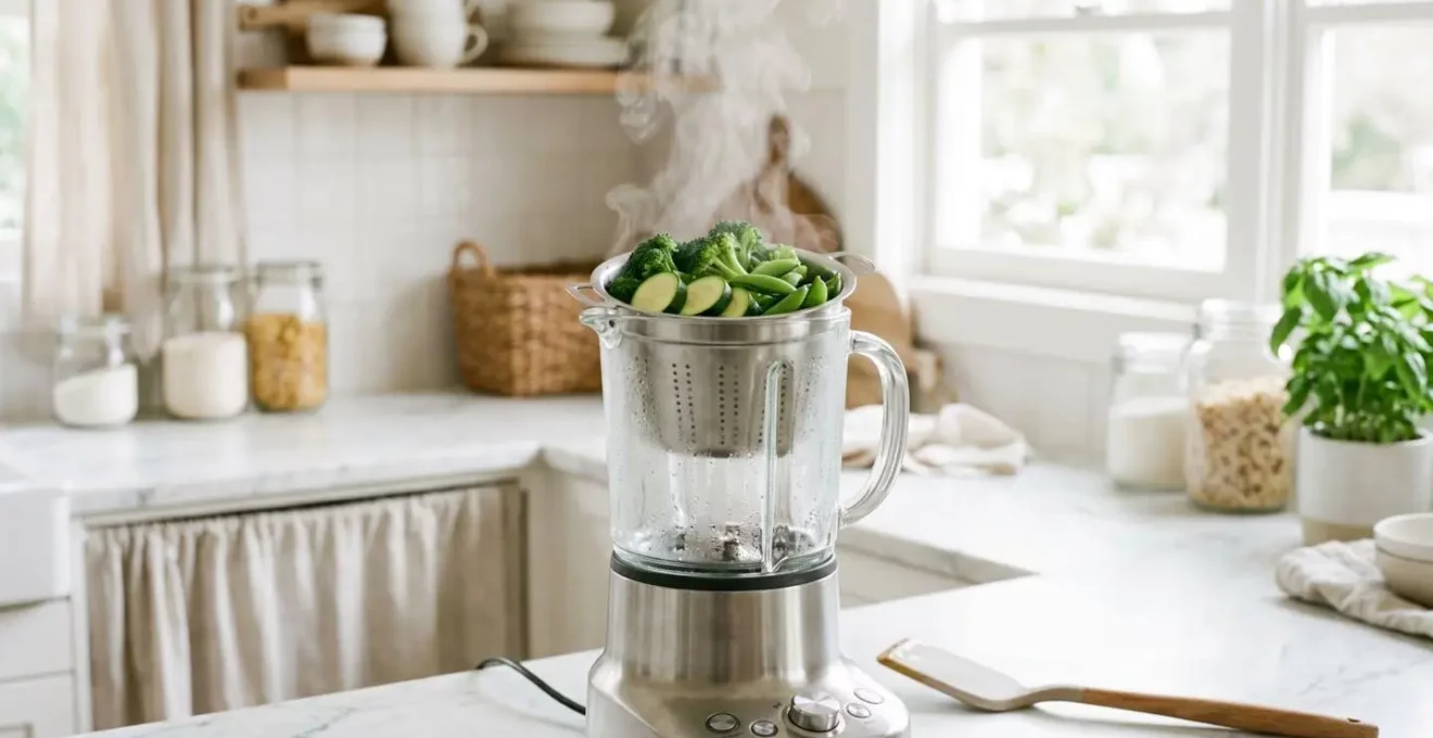 Panier vapeur inséré dans un blender chauffant avec des légumes verts en train de cuire à la vapeur