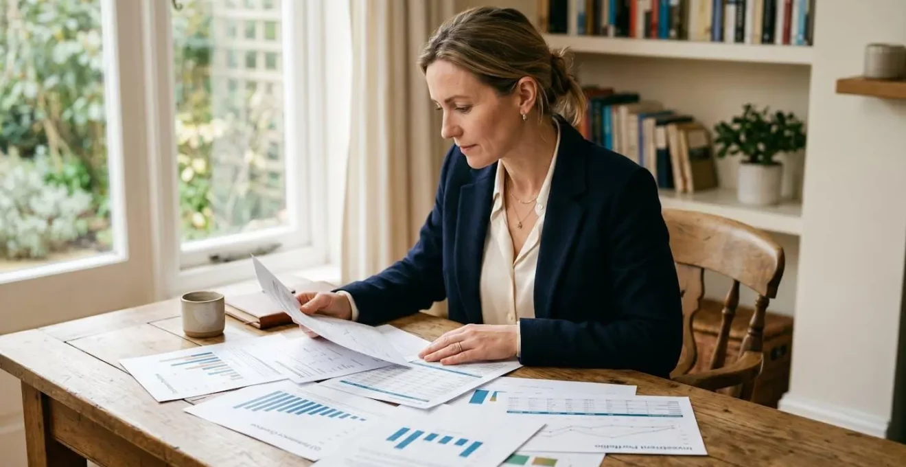 Une femme de 40 ans consulte des documents financiers à son bureau, entourée de feuilles de calcul liées à la fiscalité PER