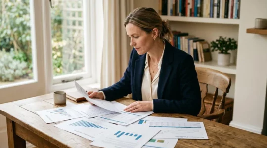 Une femme de 40 ans consulte des documents financiers à son bureau, entourée de feuilles de calcul liées à la fiscalité PER