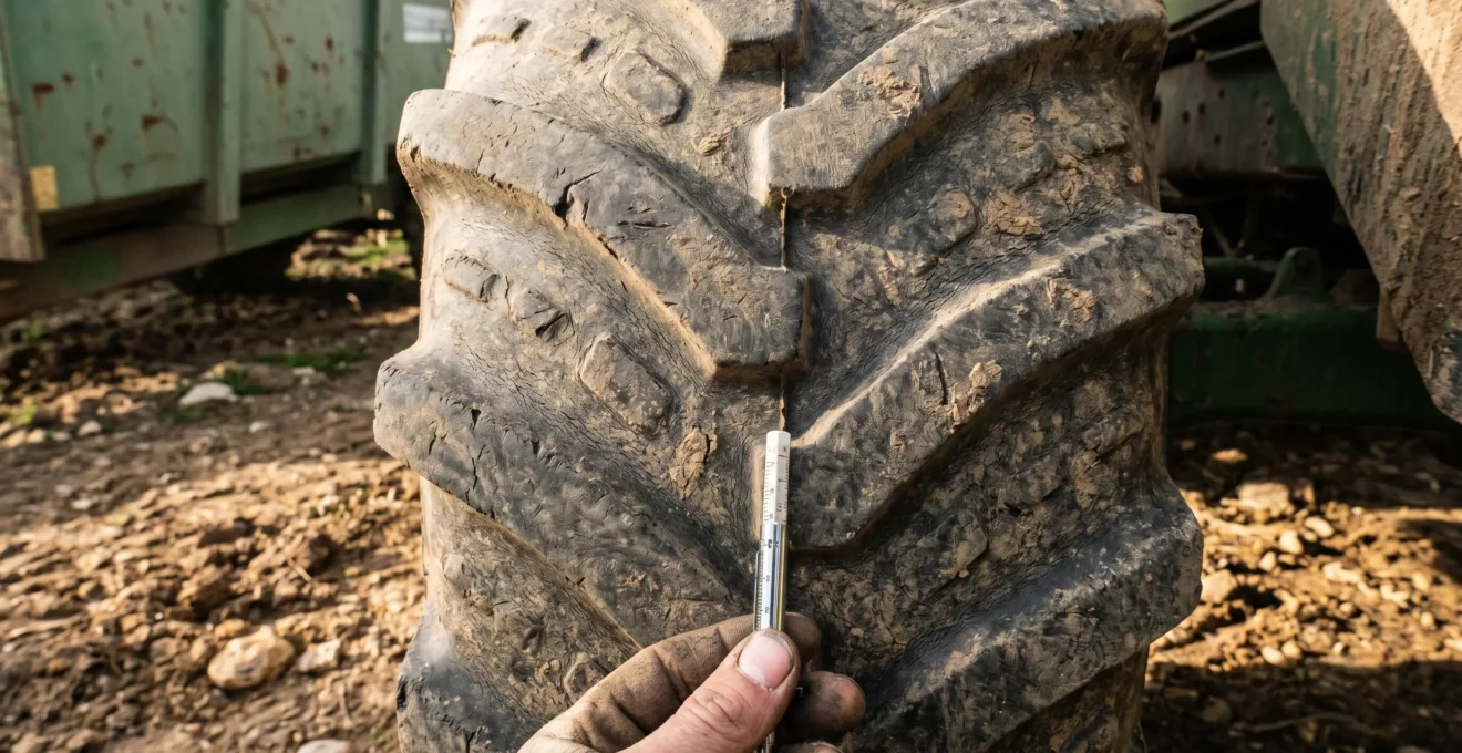 Pneu arrière de tracteur agricole avec traces d'usure visibles, inspection de la profondeur des sculptures