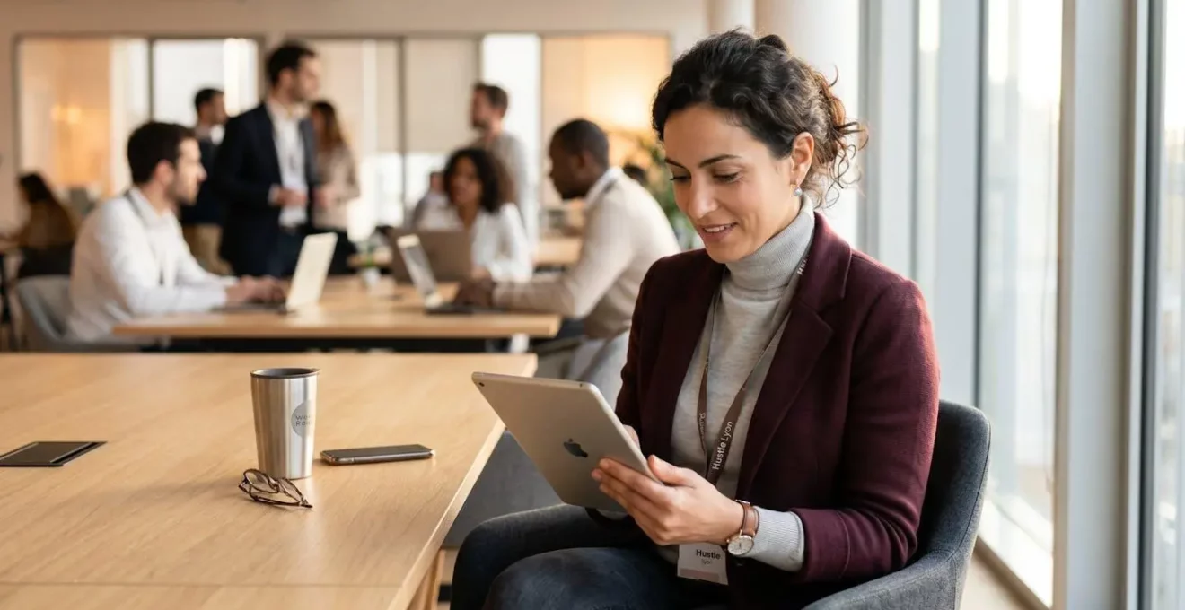 Un professionnel adulte consultant un programme de formation continue sur une tablette numérique dans un espace de travail moderne