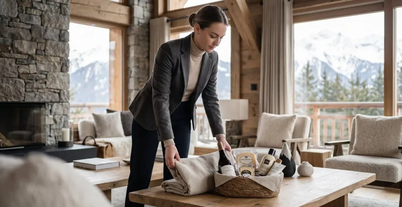 Professionnel conciergerie montagne préparant accueil clients dans chalet haut de gamme, service de gestion locative premium pour optimisation patrimoniale