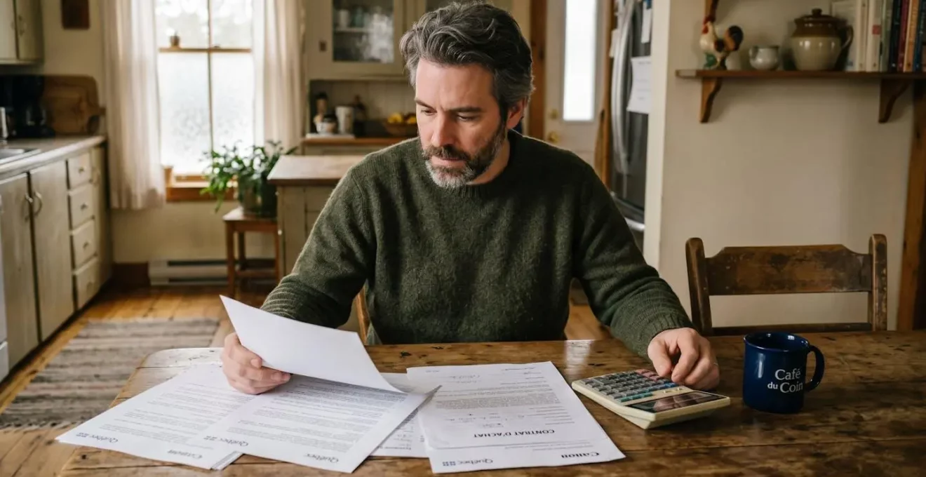 Propriétaire québécois assis à une table, examinant son contrat d'assurance habitation avec un calculateur et des documents
