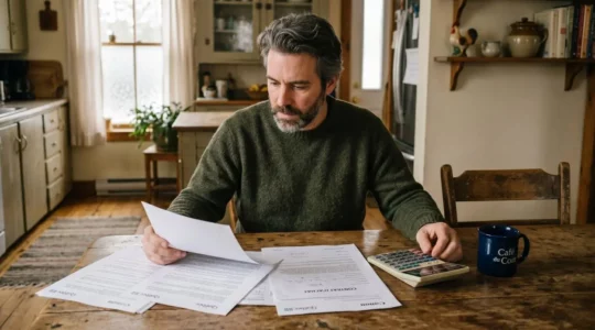 Propriétaire québécois assis à une table, examinant son contrat d'assurance habitation avec un calculateur et des documents