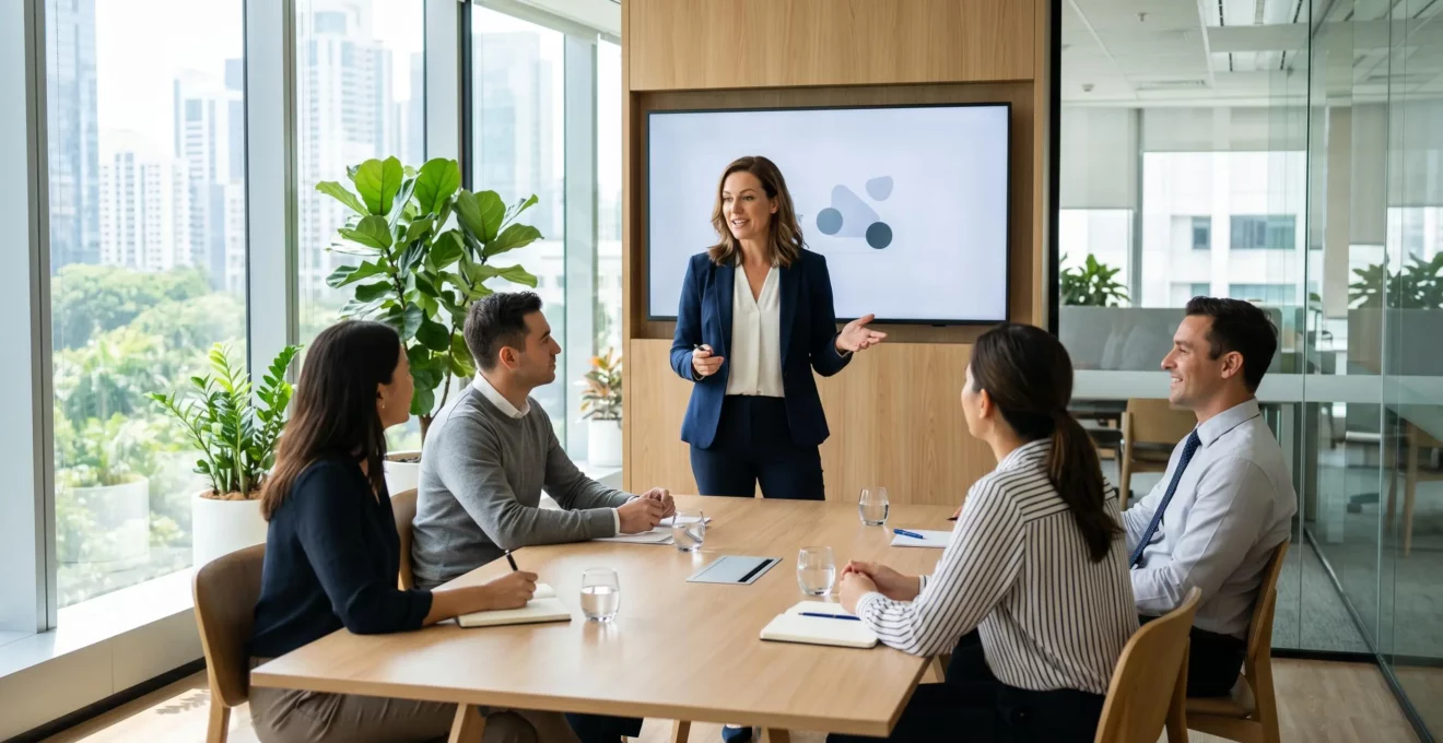 Une responsable RH présentant des options de formation professionnelle à un groupe de salariés dans une salle de réunion lumineuse